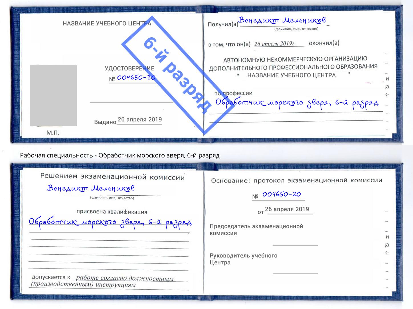 корочка 6-й разряд Обработчик морского зверя Тайшет