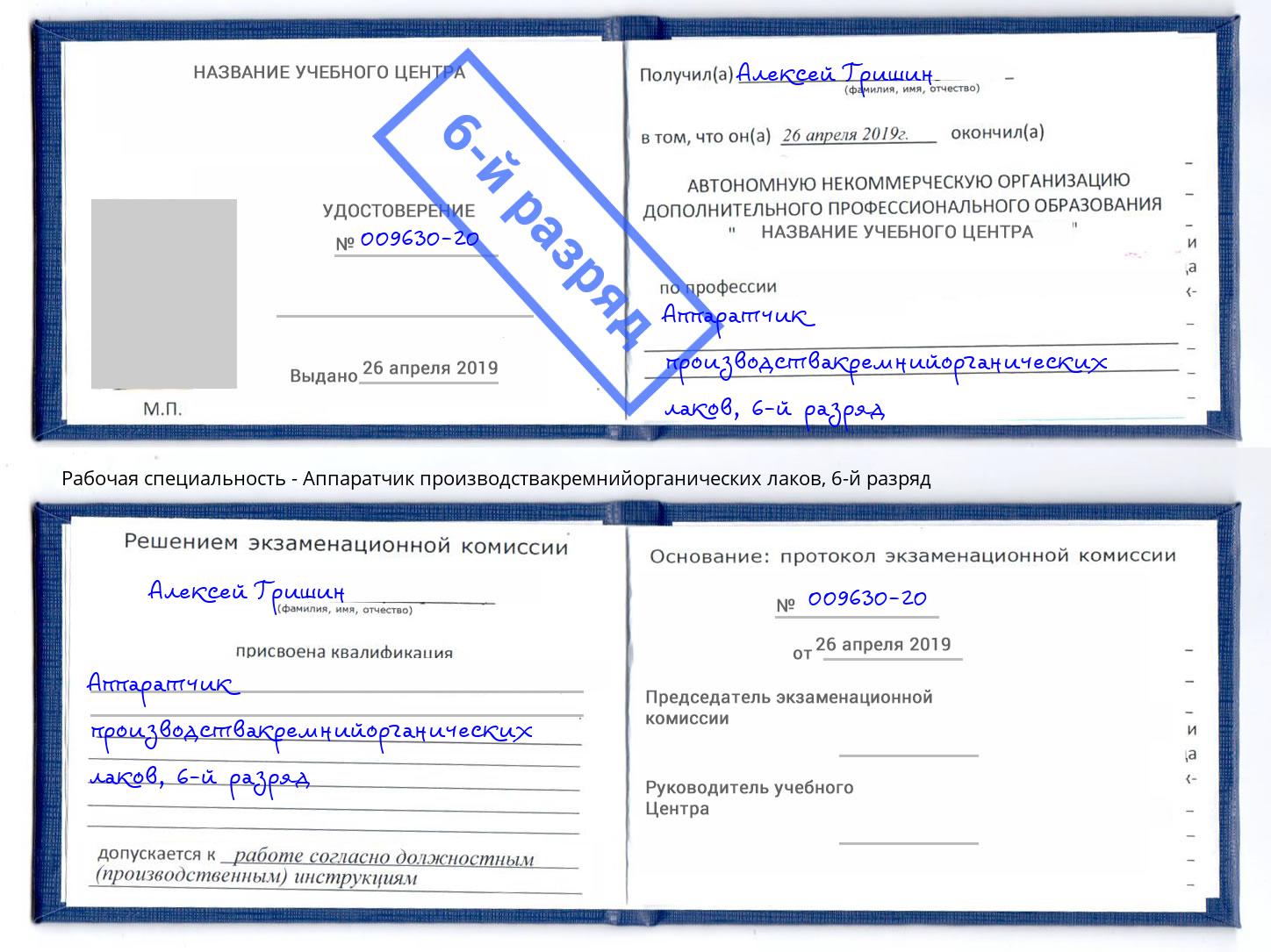 корочка 6-й разряд Аппаратчик производствакремнийорганических лаков Тайшет