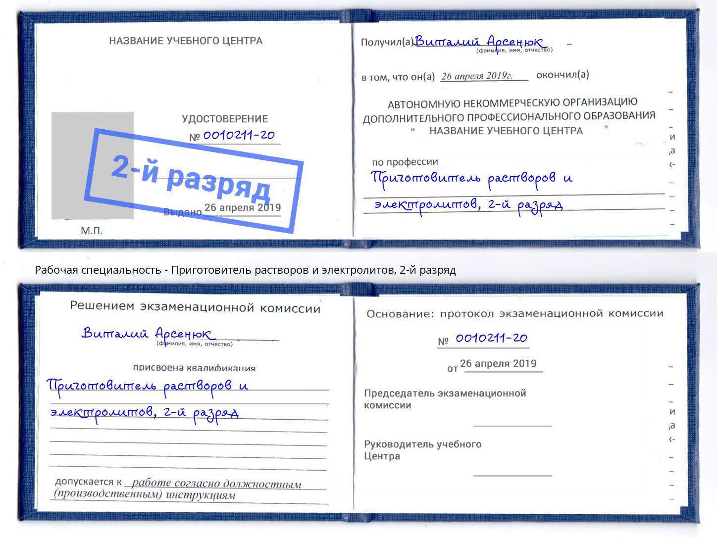 корочка 2-й разряд Приготовитель растворов и электролитов Тайшет