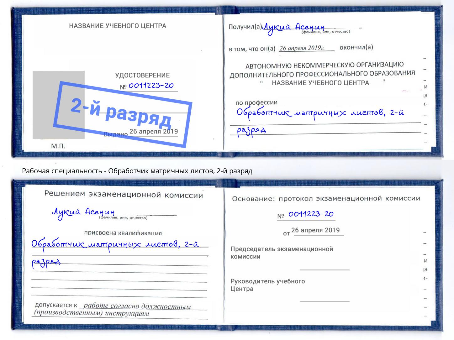 корочка 2-й разряд Обработчик матричных листов Тайшет