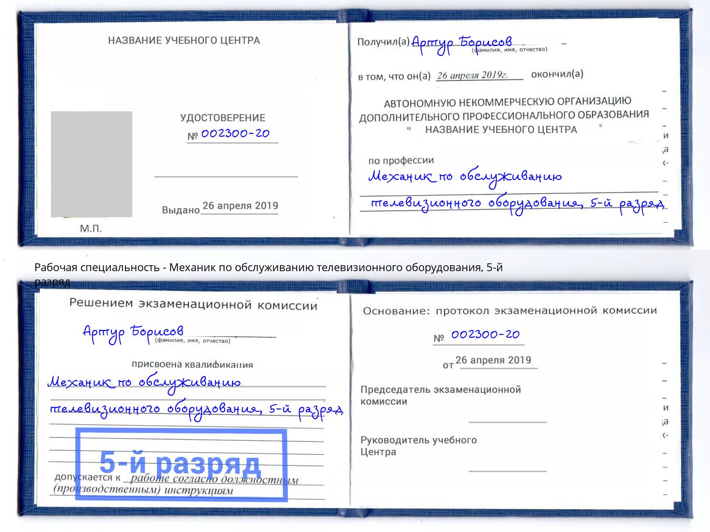 корочка 5-й разряд Механик по обслуживанию телевизионного оборудования Тайшет